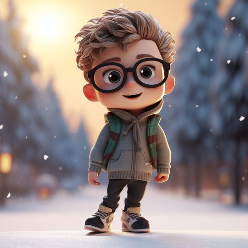 Cartoon character with skateboard, dreamy style, cute, snow scenes