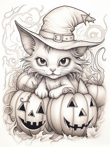 Halloween cats with bats and pumpkins coloring page witch