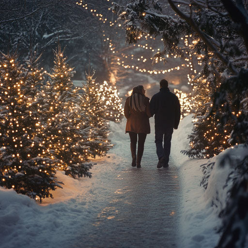 Romantic winter stroll under Christmas lights