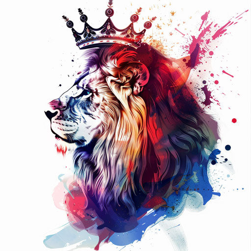 Dynamic lion tattoo with flowing crown, ink splash style