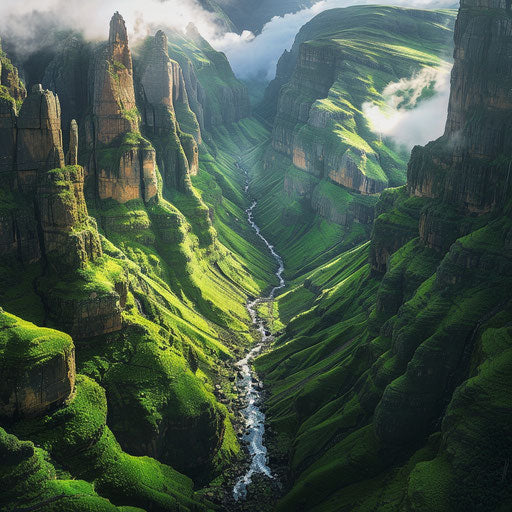 Lush valleys and towering cliffs at dawn