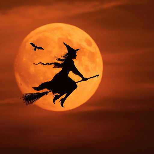 Classic Halloween Scene with a Witch and Full Moon