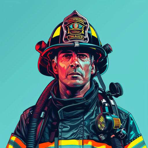Realistic firefighter clipart in photo realistic style on flat turquoise background