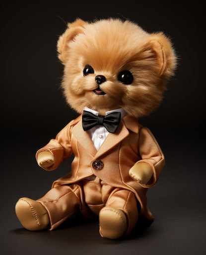 Small stuffed dog sitting on the ground with tongue out