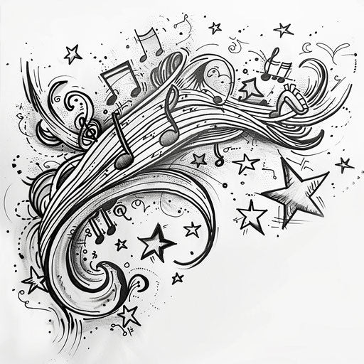 Dynamic flat tattoo sketch of a wedding dance floor with music notes and stars