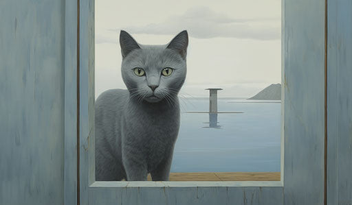 Gray cat looking through light indigo and light gold window