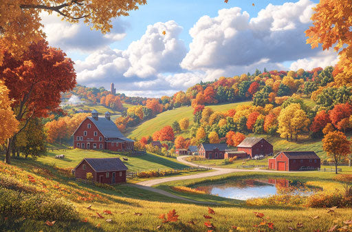 Picturesque autumn landscape with farm buildings and winding road