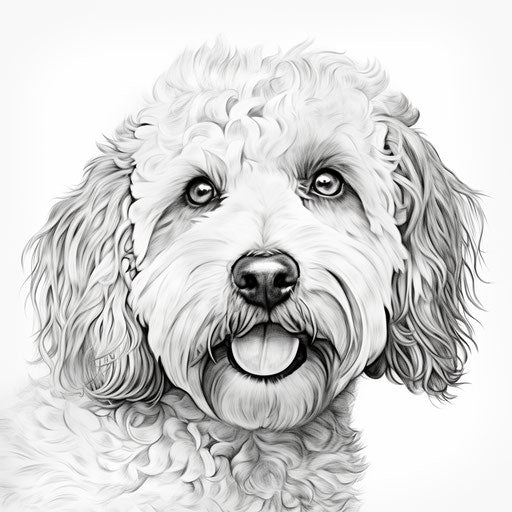 Black and white drawing of a dog coloring on white background