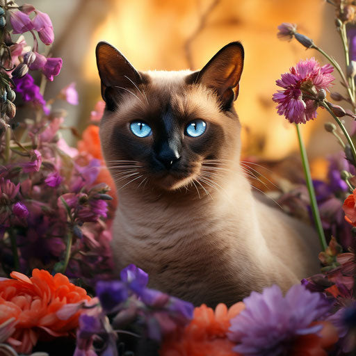 Burmese cat in a flower bed with beautiful flowers