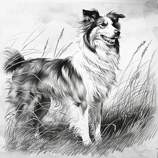 Collie standing in grass, detailed penciling style