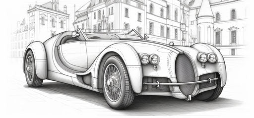 Bugatti car coloring pages for adults, detailed line-work