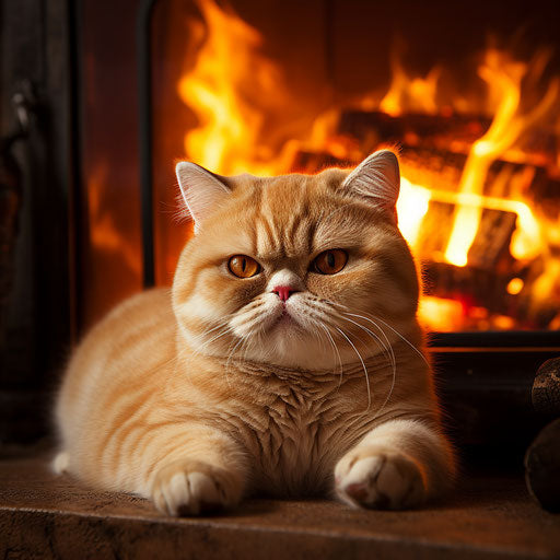 Exotic Shorthair cat in front of a fireplace fire