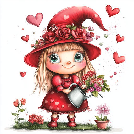 The pink dwarf girl with a watering can full of flowers