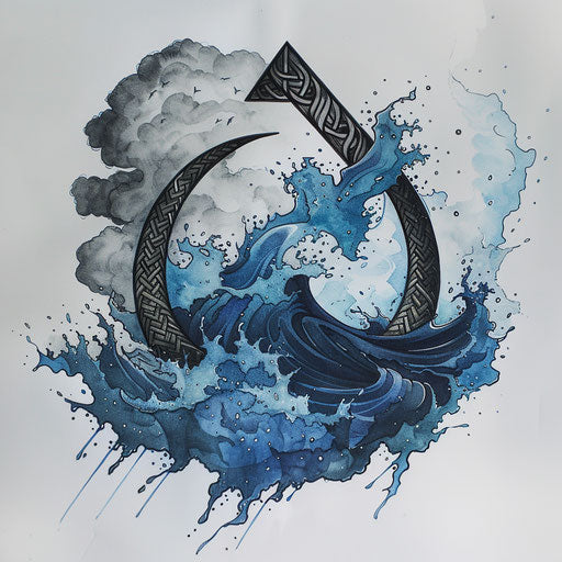 Artistic flat tattoo sketch of a rune on a stormy blue and gray sea