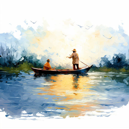 Fishing clipart in the style of Impressionistic Art, on a white background