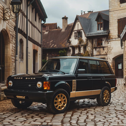 Vintage black SUV with brass accents in old European village