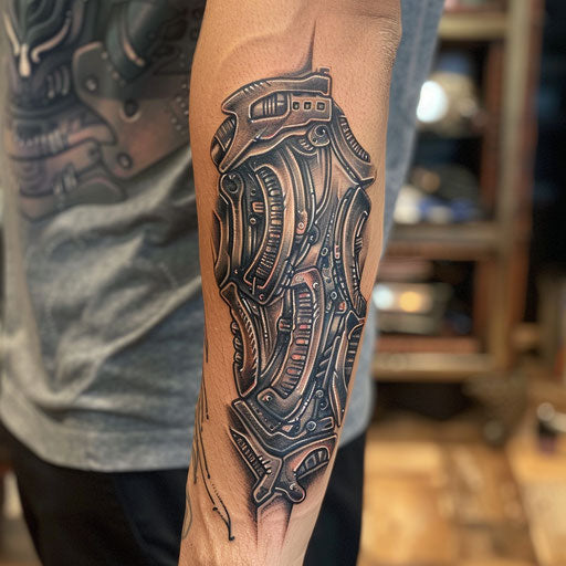 Men's forearm biomechanical tattoo design