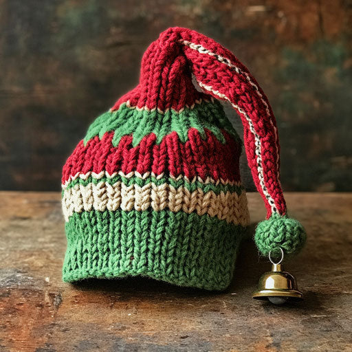 Whimsical elf hat in green and red stripes with jolly bell