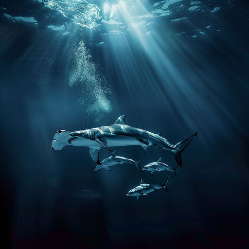 Hammerhead shark swimming in tandem with dolphins