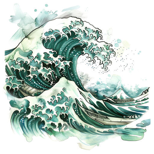 Serene Japanese wave tattoo in clipart with green blue watercolors