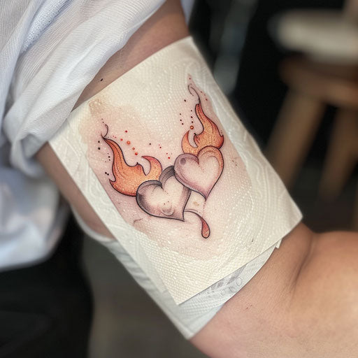 Romantic fire tattoo, two hearts enveloped in gentle flames