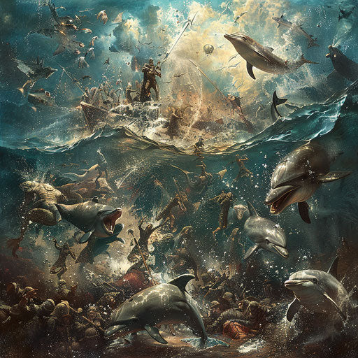 Epic underwater battle with dolphins and mythical creatures