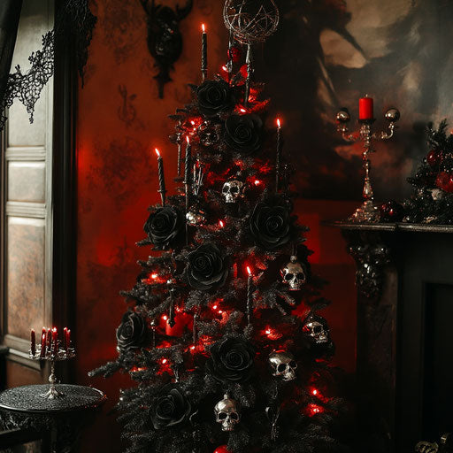 Gothic Christmas tree in a dimly lit room
