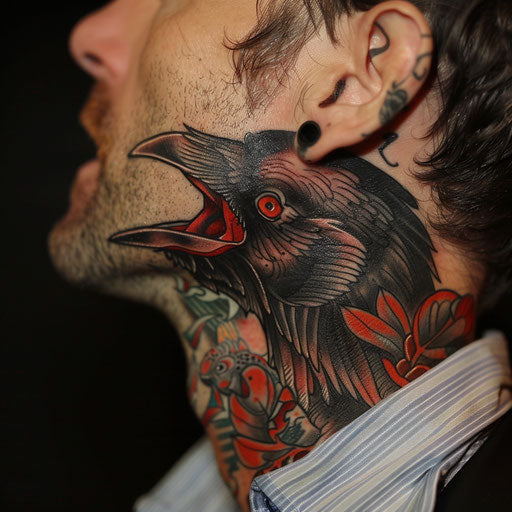 Side neck tattoos featuring a raven, in the style of Adrian Smith
