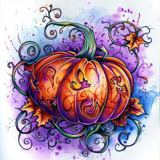 Vibrant and colorful tattoo sketch of a pumpkin with swirling vines in a clipart style