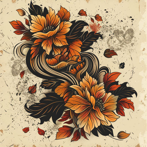 Retro flat tattoo sketch with vintage orange and brown leaves motif