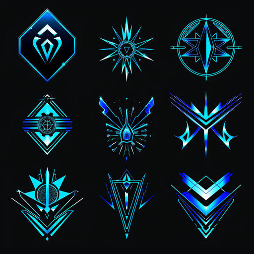 Logos with futuristic elements, neon blue and black colors, sharp lines