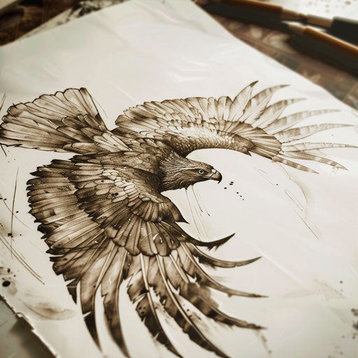 Detailed vintage eagle wings tattoo sketch in sepia tones