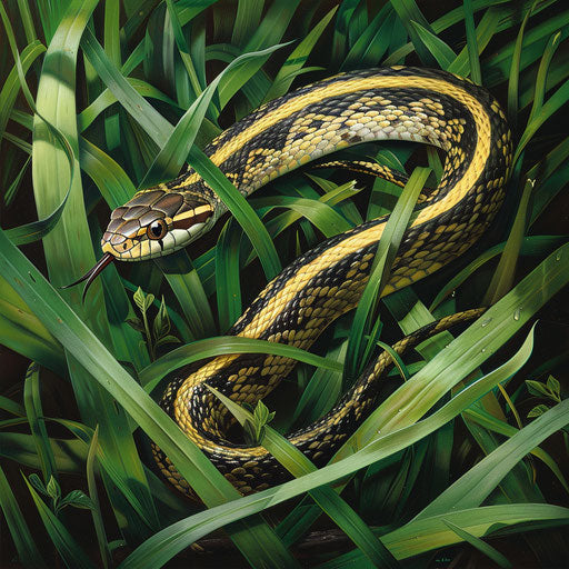 Striped snake crawling in vibrant green grass