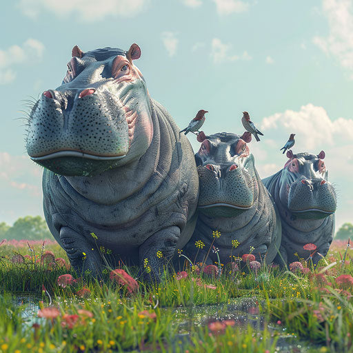 Hippos with birds on backs, natural symbiosis