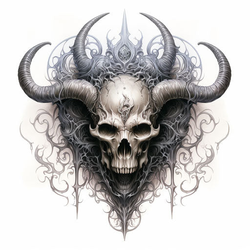 Horned skull with digital airbrushing, classic tattoo motifs