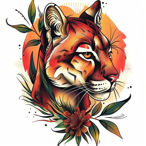 Striking portrait of a mountain lion in neo-traditional tattoo style on white