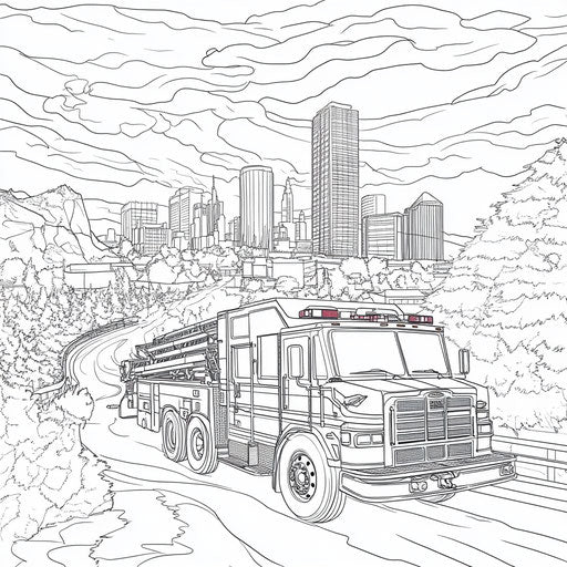 Fire truck over a city at sunset