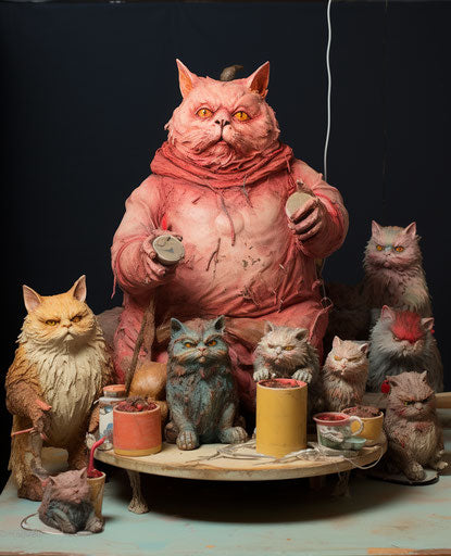 Cats sitting on the table in human form style, filthy sculptures