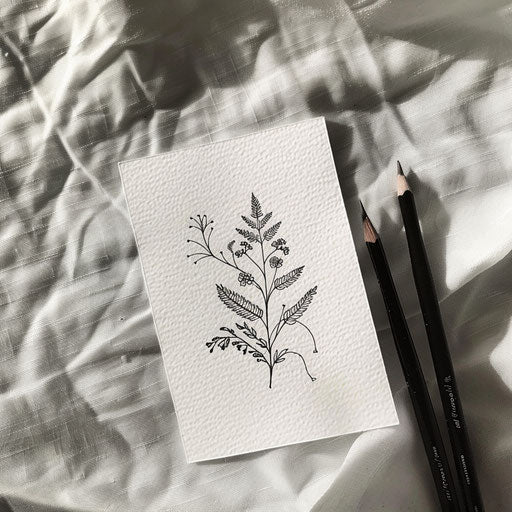 Minimalist black ink sketch of a small fern and flower tattoo on a white sheet