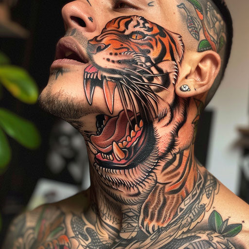 Neck tattoo for men with a fierce tiger, in the style of Ami James