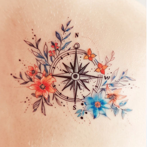 Watercolor tattoo of a compass surrounded by floral motifs on white background
