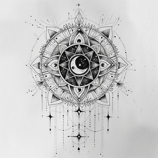 Sketch of a mystical mandala with stars and moons