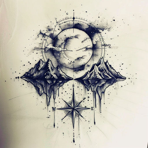 Adventurous flat tattoo sketch of full moon with mountain peaks and compass