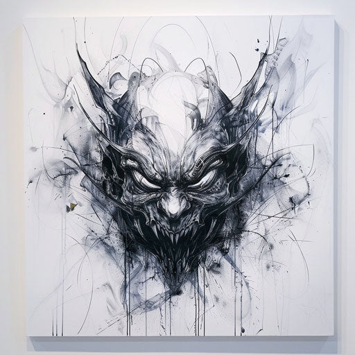 Gothic-inspired oni mask with dark, intricate lines and a mysterious aura, on a white canvas.