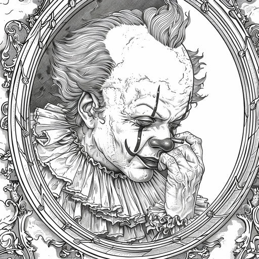 Portrait of a clown painting his face in a mirror