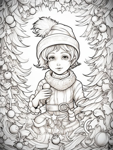 Christmas tree coloring page with an elf, in the style of Nikon D850
