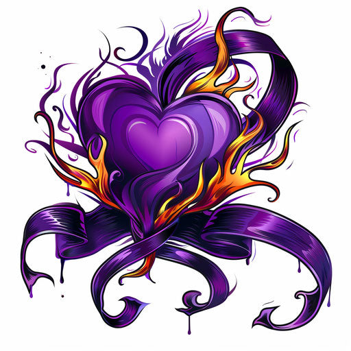 Illustration of a violet heart tattoo with flames and ribbons, vibrant on a white background.