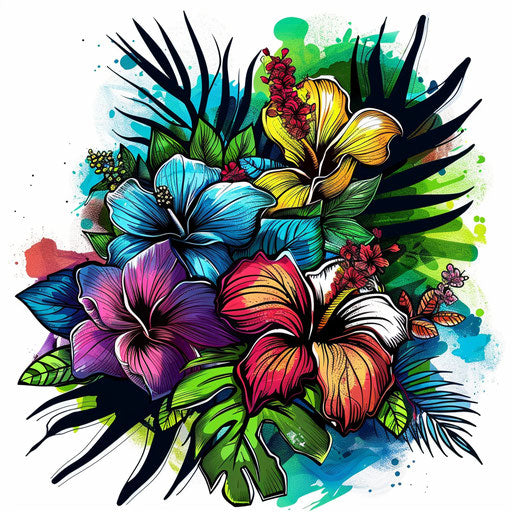 Vibrant flat tattoo of tropical flower bouquet