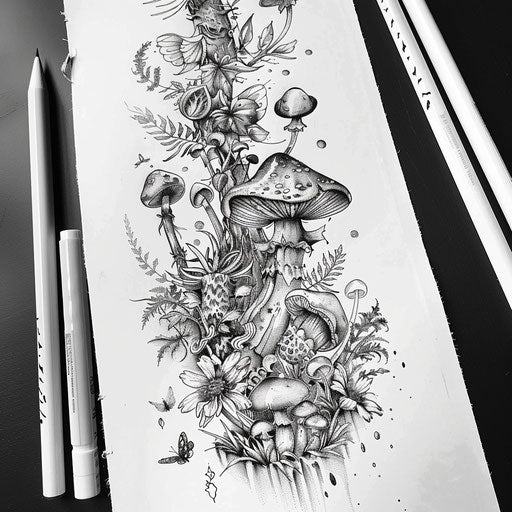Whimsical forest tattoo illustration with fairies and mushrooms, on white paper