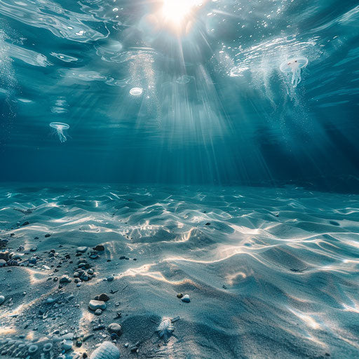 Tranquil underwater scene with jellyfish hovering just above the sandy bottom, amidst sun rays